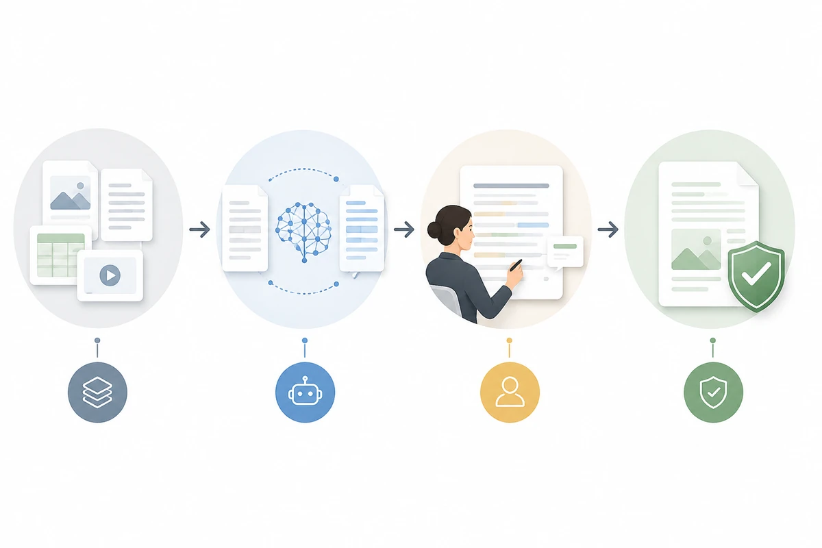 Workflow from source text to machine translation, human post-editing and validated delivery